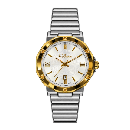 Buren Majestic – White men's watch with silver bracelet, two-tone case, and white dial